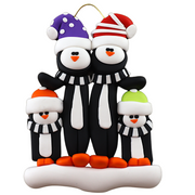 Family ornament with 4 black and white penguins in colourful festive hats.