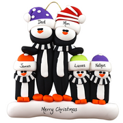 Family ornament with 5 black and white penguins in colourful festive hats, personalized with names.