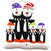 Family ornament with 5 black and white penguins in colourful festive hats, mumbered 1-6 for personalization.