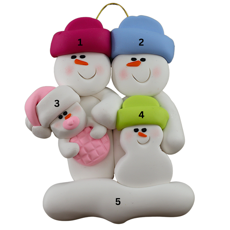 Family ornament with 2 large, 1 small and 1 infant snowman in pink, numbered 1-5 for personalization.