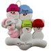 Family ornament with 2 large, 2 small and 1 infant snowman in pink, personalized with names.