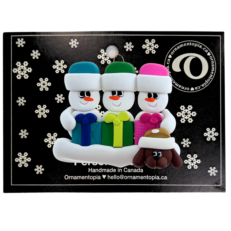 Present Snowmen Family of 3 with 1 Pet Christmas Ornament
