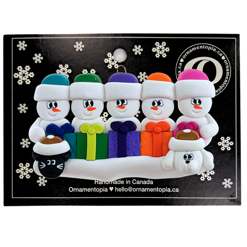 Present Snowmen Family of 5 with 2 Pets Christmas Ornament