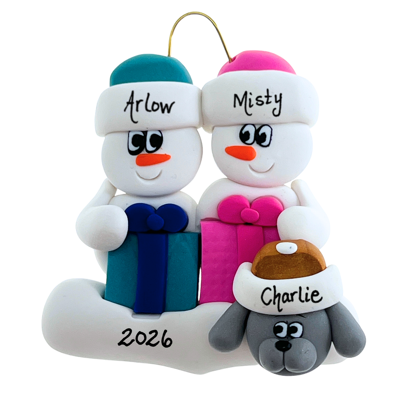 Present Snowmen Family of 2 with 1 Pet Christmas Ornament