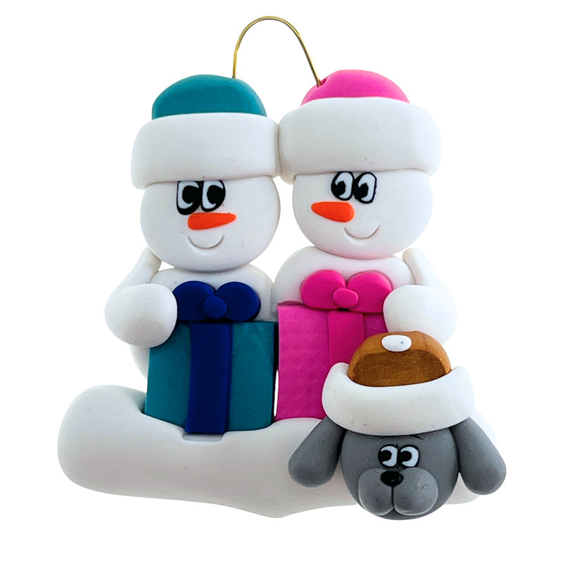 Present Snowmen Family of 2 with 1 Pet Christmas Ornament