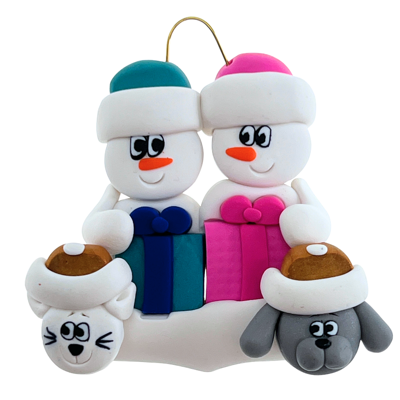 Present Snowmen Family of 2 with 2 Pets Christmas Ornament