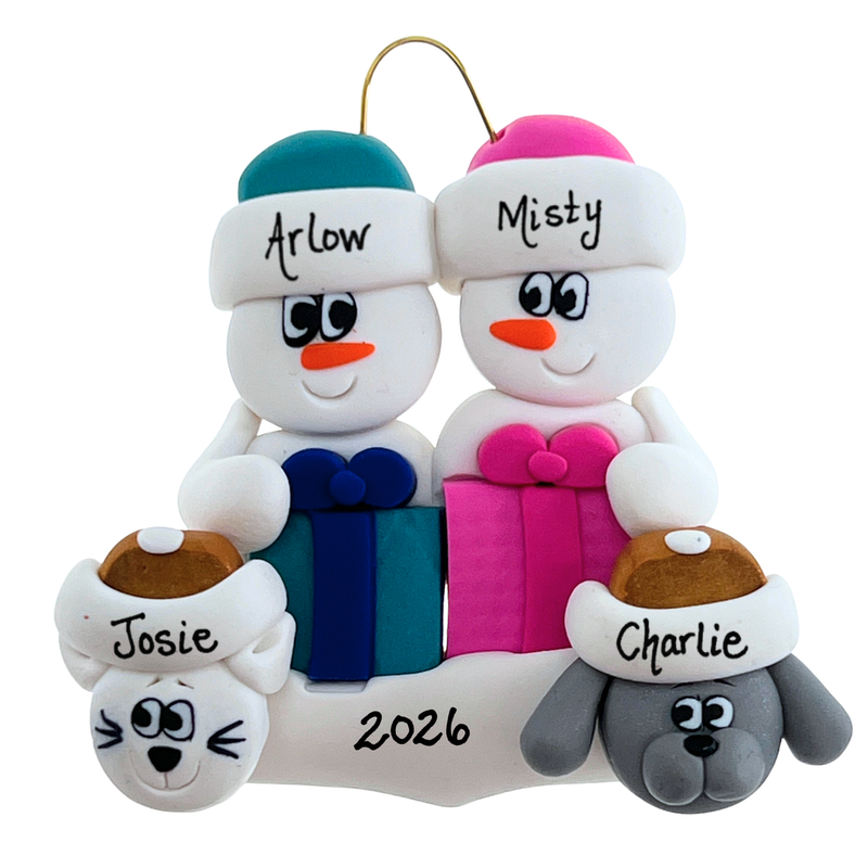 Present Snowmen Family of 2 with 2 Pets Christmas Ornament