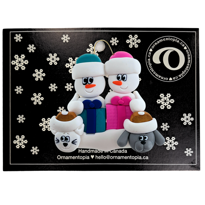 Present Snowmen Family of 2 with 2 Pets Christmas Ornament