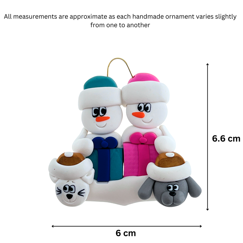 Present Snowmen Family of 2 with 2 Pets Christmas Ornament