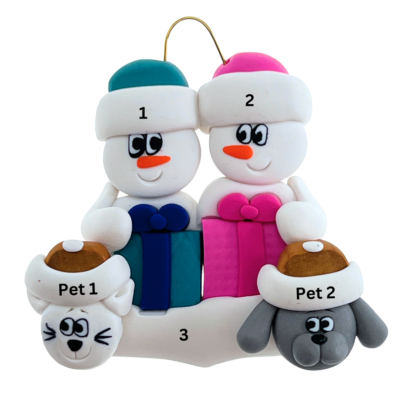 Present Snowmen Family of 2 with 2 Pets Christmas Ornament
