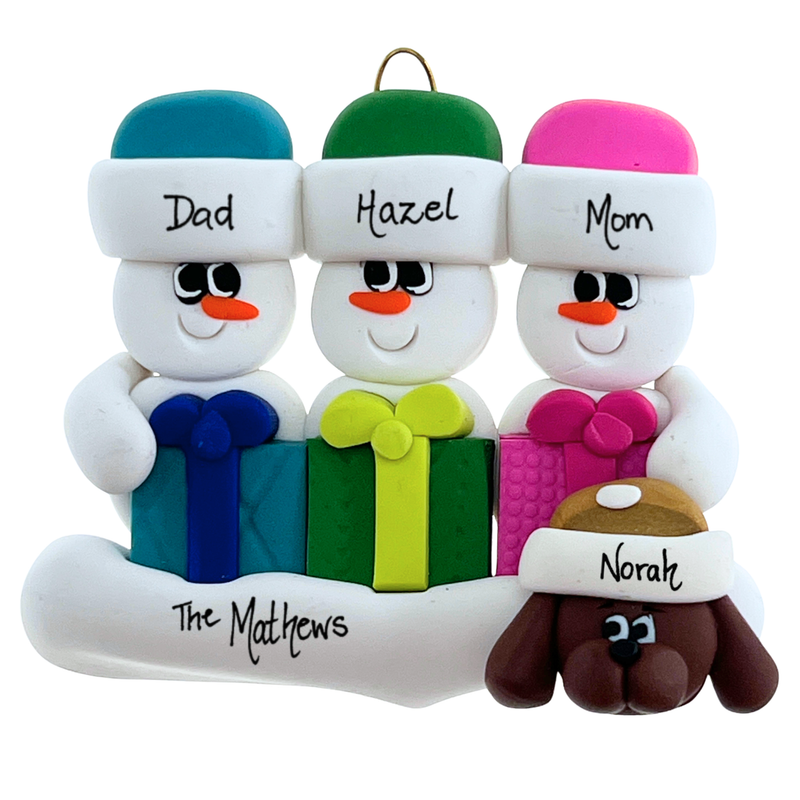 Present Snowmen Family of 3 with 1 Pet Christmas Ornament