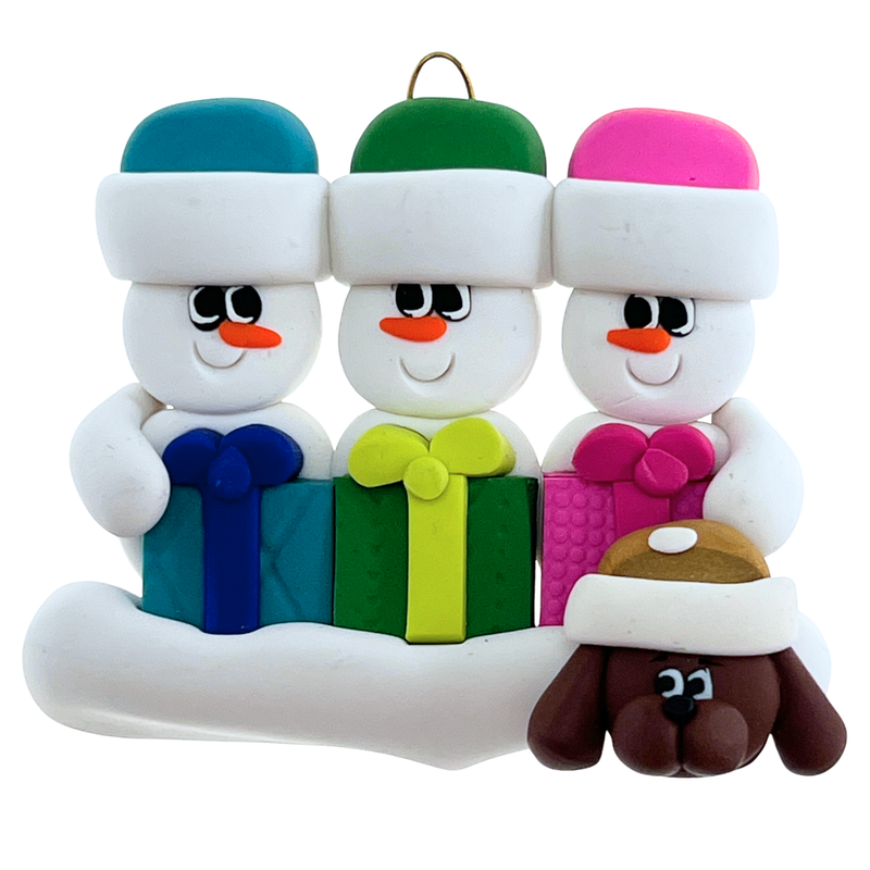 Present Snowmen Family of 3 with 1 Pet Christmas Ornament