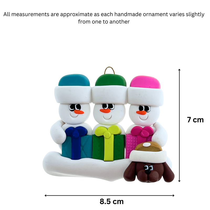 Present Snowmen Family of 3 with 1 Pet Christmas Ornament