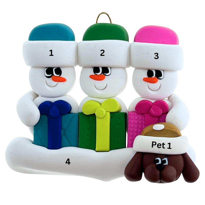Present Snowmen Family of 3 with 1 Pet Christmas Ornament