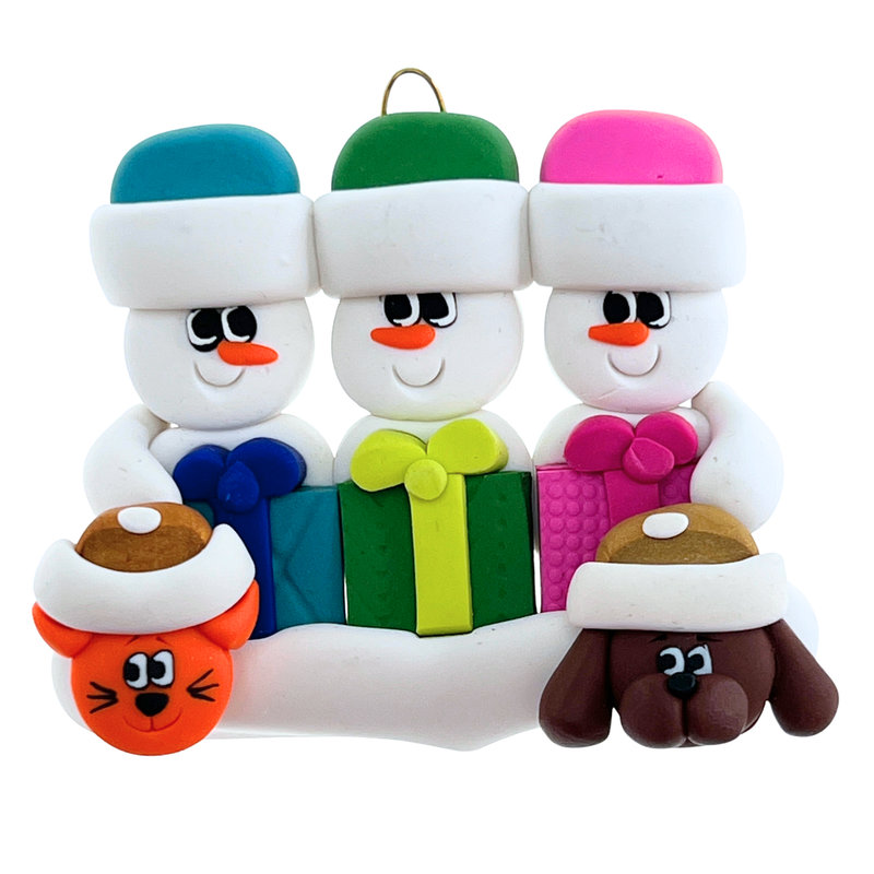 Present Snowmen Family of 3 with 2 Pets Christmas Ornament