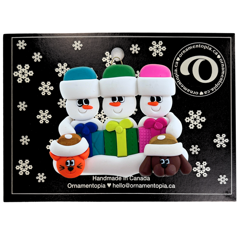 Present Snowmen Family of 3 with 2 Pets Christmas Ornament