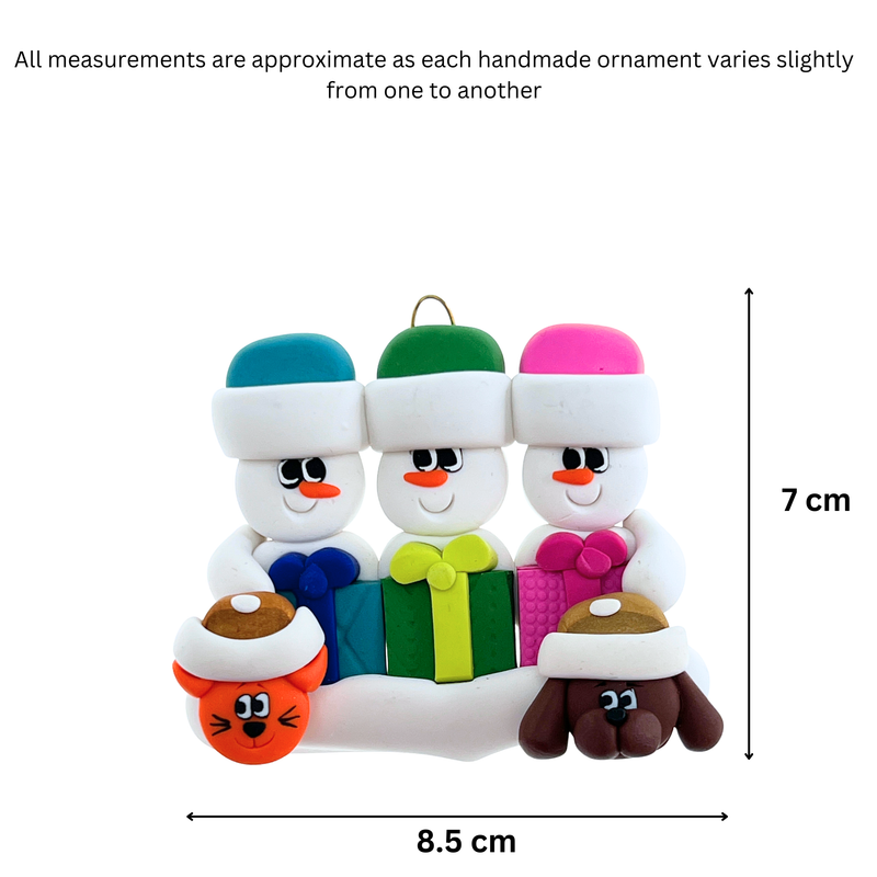 Present Snowmen Family of 3 with 2 Pets Christmas Ornament