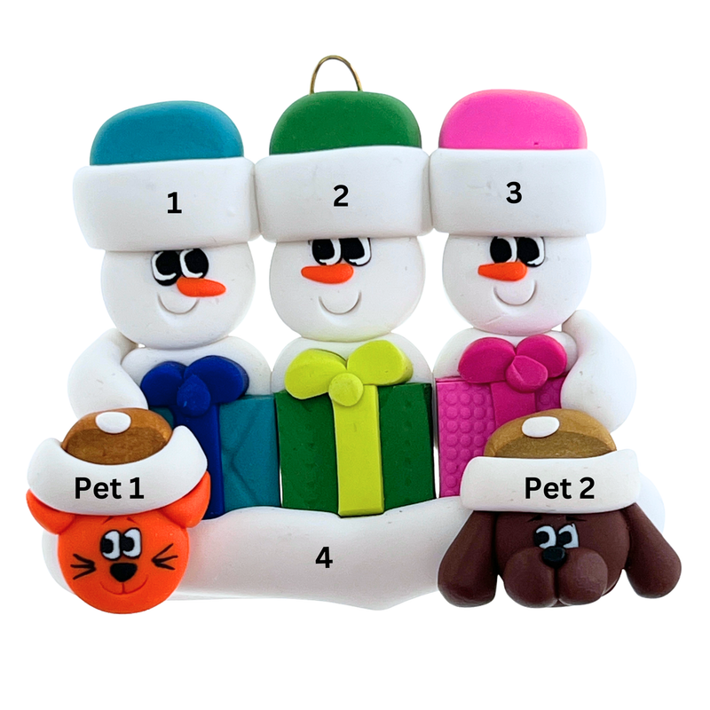 Present Snowmen Family of 3 with 2 Pets Christmas Ornament