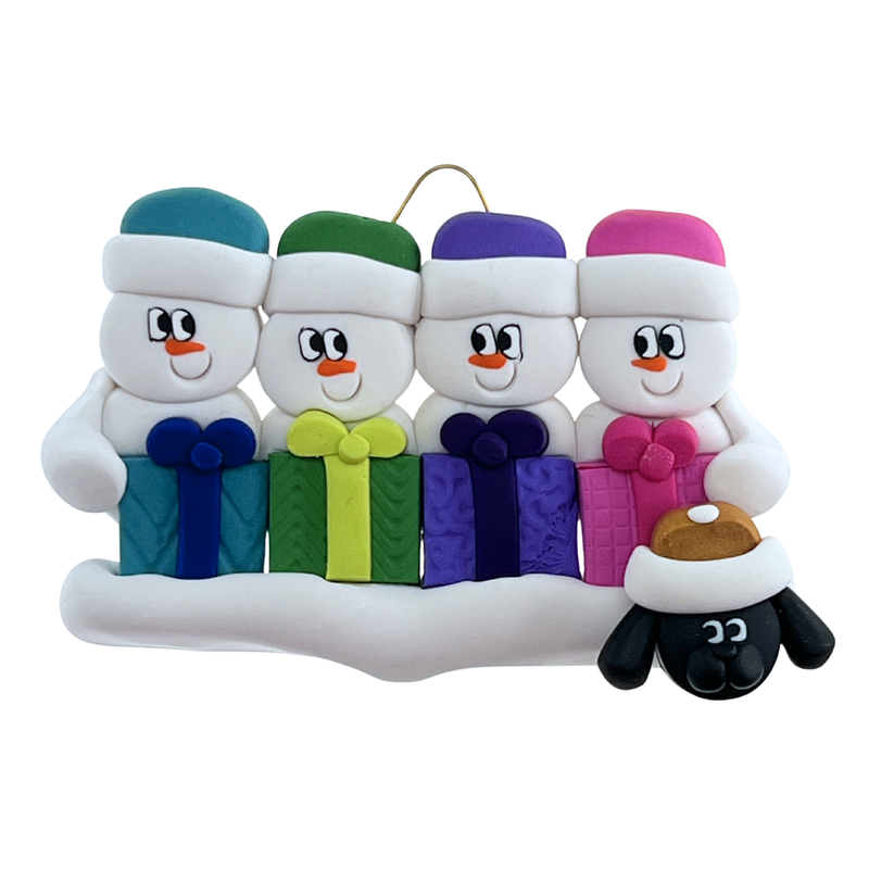 Present Snowmen Family of 4 with 1 Pet Christmas Ornament