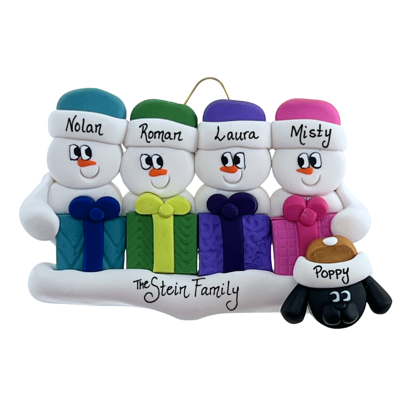 Present Snowmen Family of 4 with 1 Pet Christmas Ornament