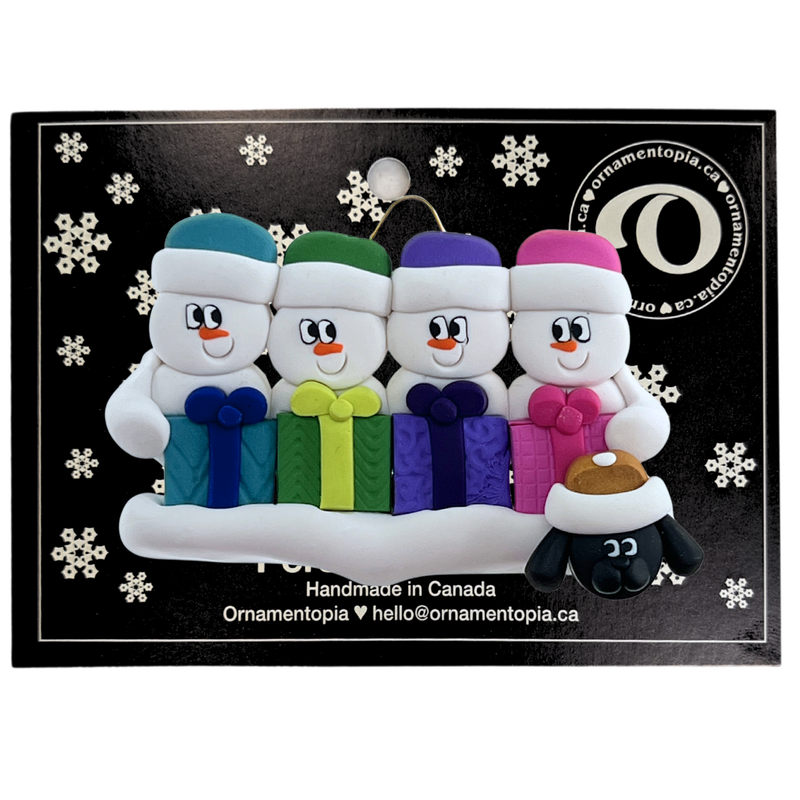 Present Snowmen Family of 4 with 1 Pet Christmas Ornament