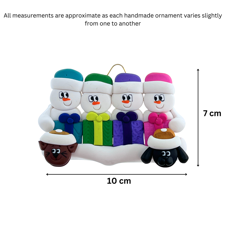 Present Snowmen Family of 4 with 2 Pets Christmas Ornament