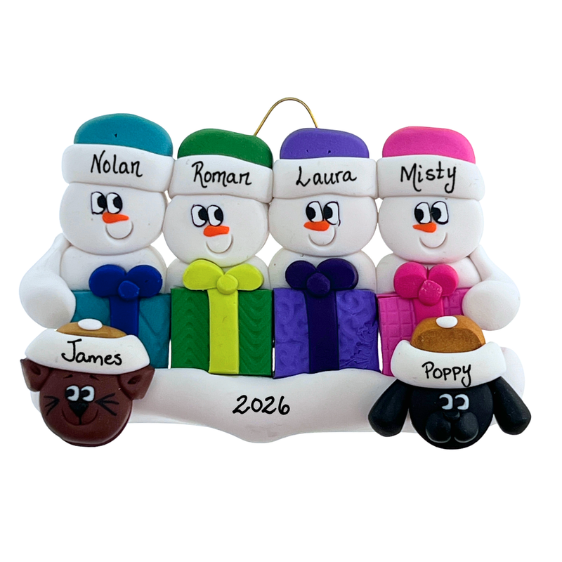 Present Snowmen Family of 4 with 2 Pets Christmas Ornament