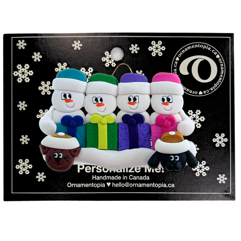Present Snowmen Family of 4 with 2 Pets Christmas Ornament