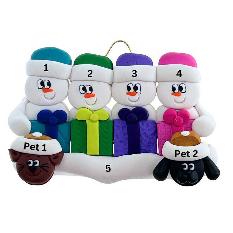 Present Snowmen Family of 4 with 2 Pets Christmas Ornament