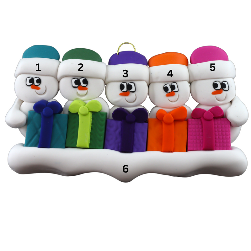 Family ornament with 5 white snowmen in colourful hats holding matching presents, numbered 1-6 for personalization.