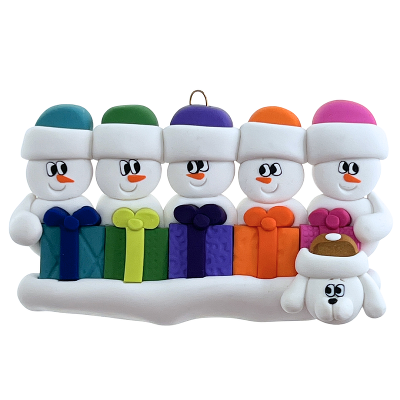 Present Snowmen Family of 5 with 1 Pet Christmas Ornament