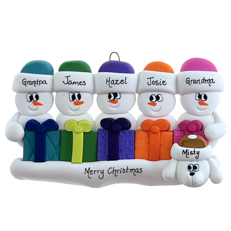 Present Snowmen Family of 5 with 1 Pet Christmas Ornament