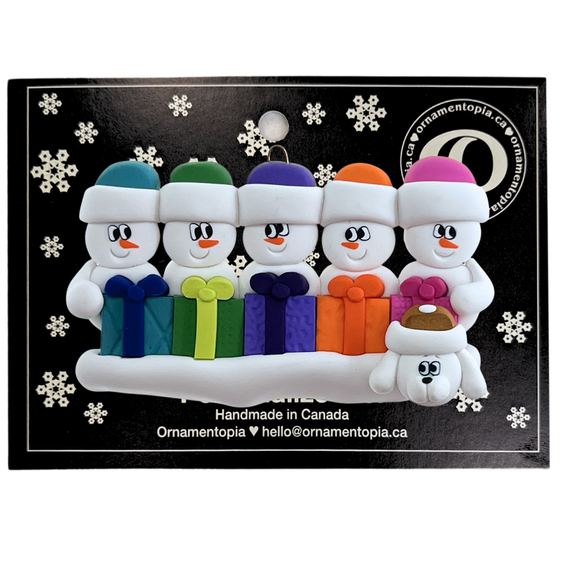 Present Snowmen Family of 5 with 1 Pet Christmas Ornament