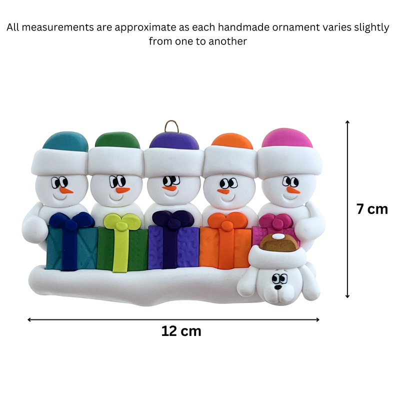 Present Snowmen Family of 5 with 1 Pet Christmas Ornament