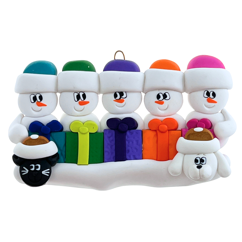 Present Snowmen Family of 5 with 2 Pets Christmas Ornament