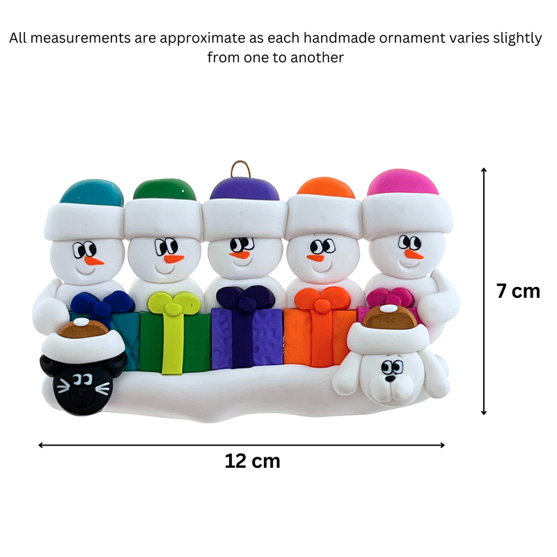 Present Snowmen Family of 5 with 2 Pets Christmas Ornament