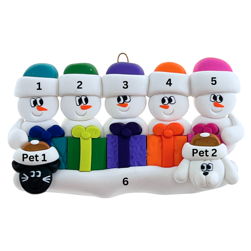Present Snowmen Family of 5 with 2 Pets Christmas Ornament