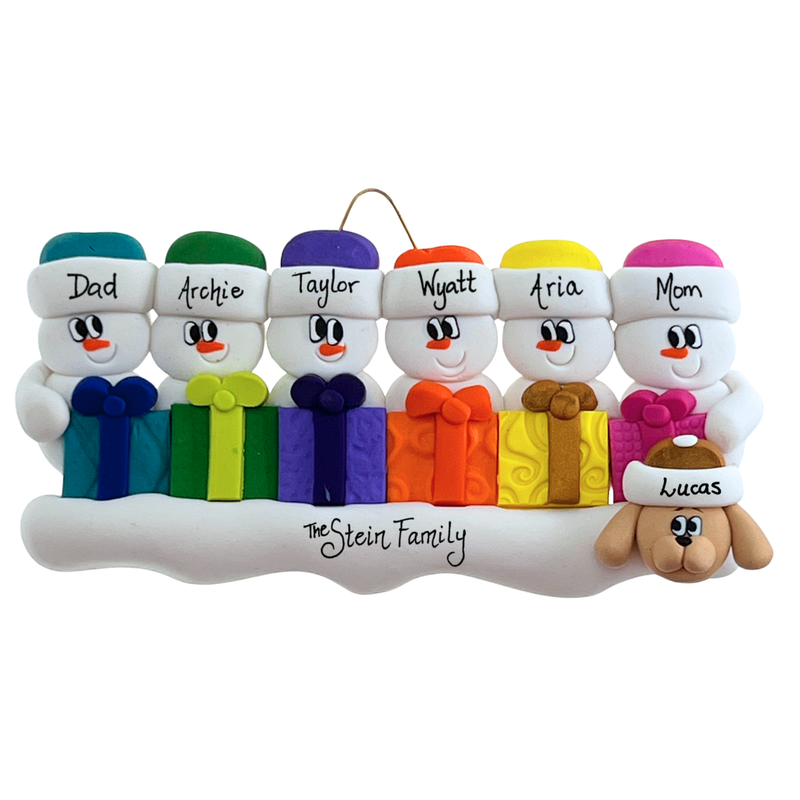 Present Snowmen Family of 6 with 1 Pet Christmas Ornament