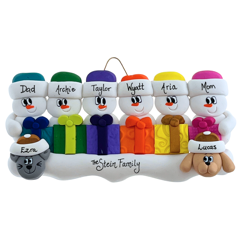 Present Snowmen Family of 6 with 2 Pets Christmas Ornament