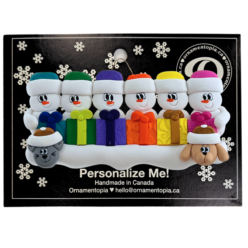 Present Snowmen Family of 6 with 2 Pets Christmas Ornament