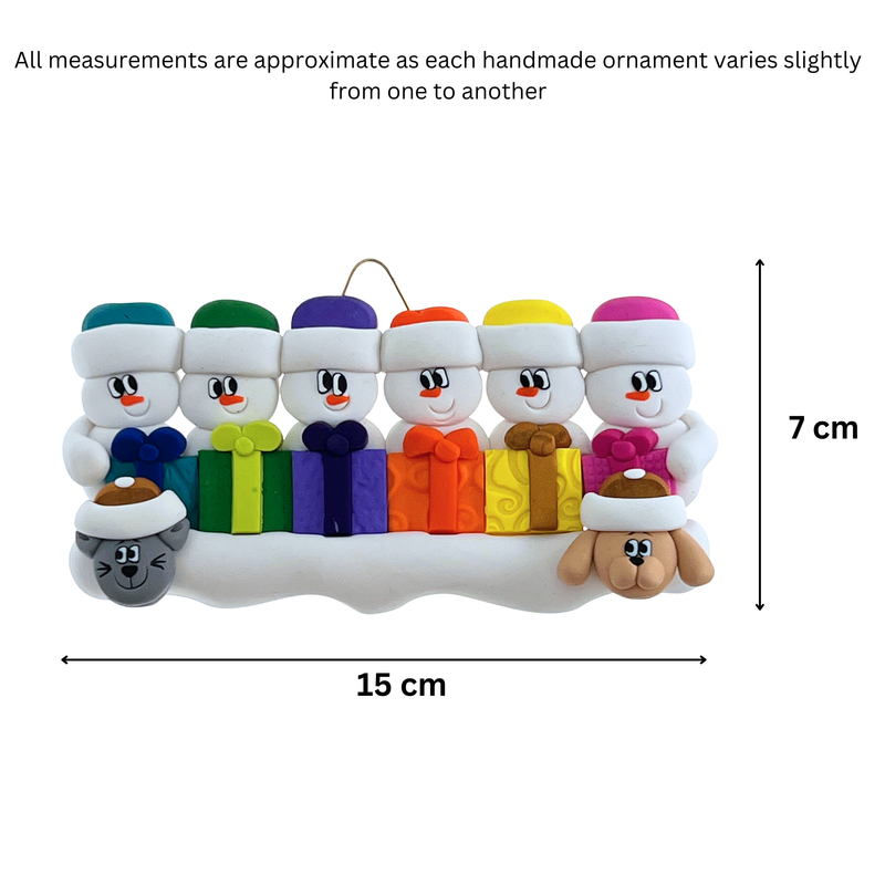 Present Snowmen Family of 6 with 2 Pets Christmas Ornament