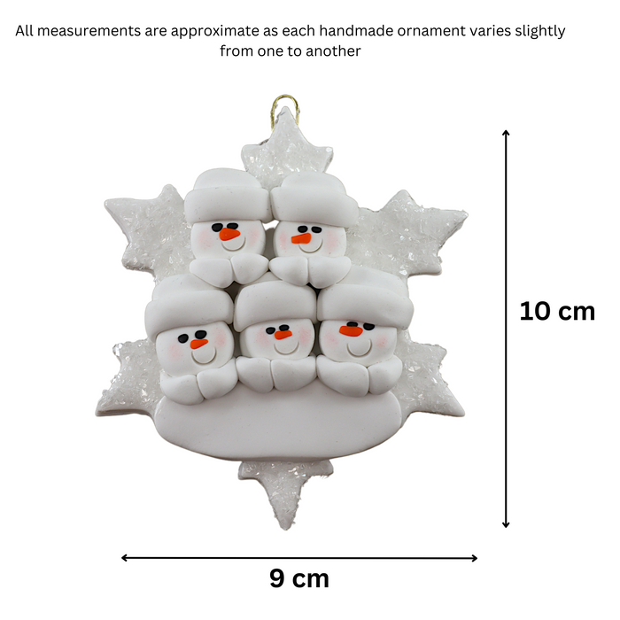 Family ornament with 5 white snowmen stacked on top of a glitter white snowflake, graphed to show size (9x10cm).