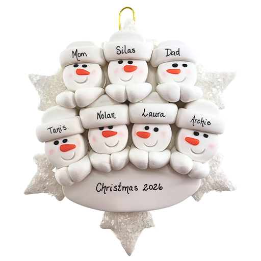 Personalized snowman family ornament with names on a white background