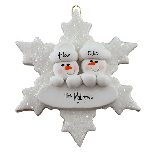 Family ornament with 2 white snowmen stacked on top of a glitter white snowflake, personalized with names.