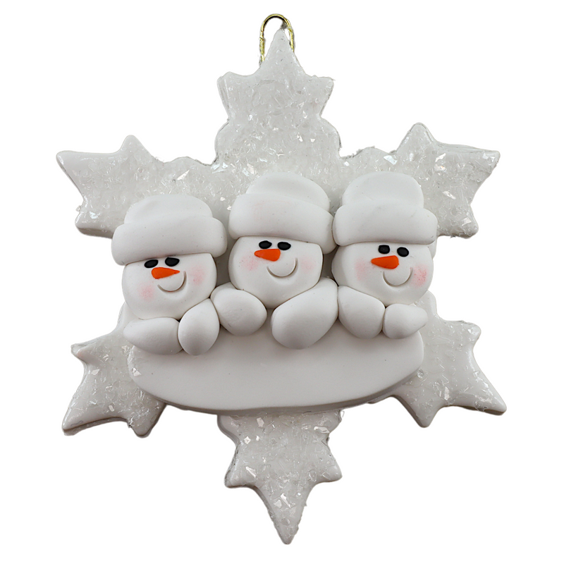 Family ornament with 3 white snowmen stacked on top of a glitter white snowflake.