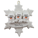 Family ornament with 3 white snowmen stacked on top of a glitter white snowflake, personalized with names.