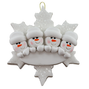 Family ornament with 4 white snowmen stacked on top of a glitter white snowflake.