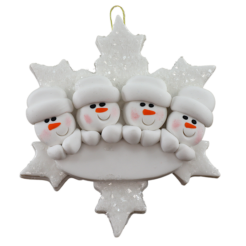 Family ornament with 4 white snowmen stacked on top of a glitter white snowflake.