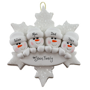 Family ornament with 4 white snowmen stacked on top of a glitter white snowflake, personalized with names.