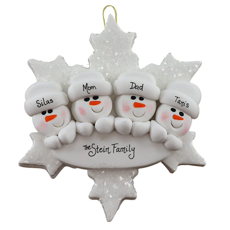 Family ornament with 4 white snowmen stacked on top of a glitter white snowflake, personalized with names.